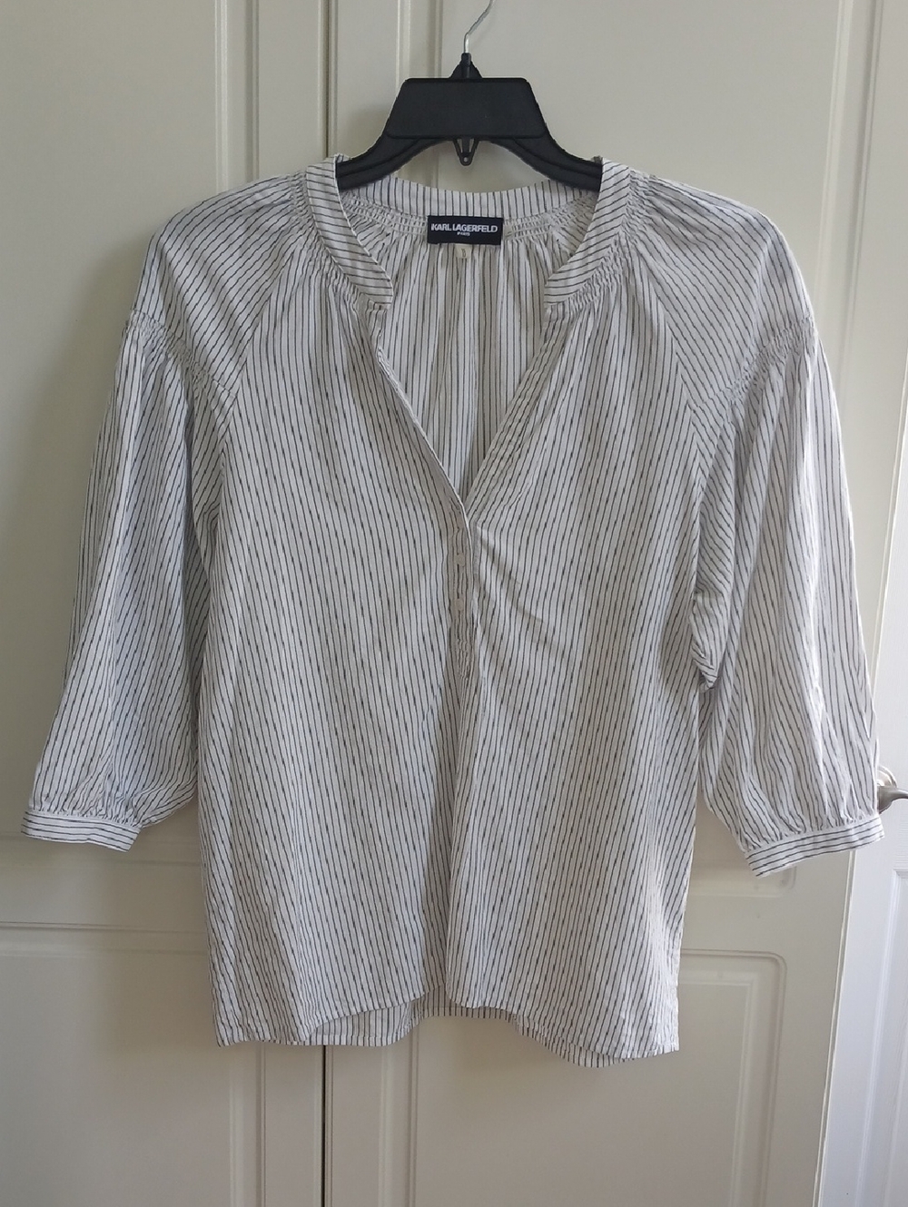 Karl Lagerfeld White Pinstriped V-Neck Peasant Blouse